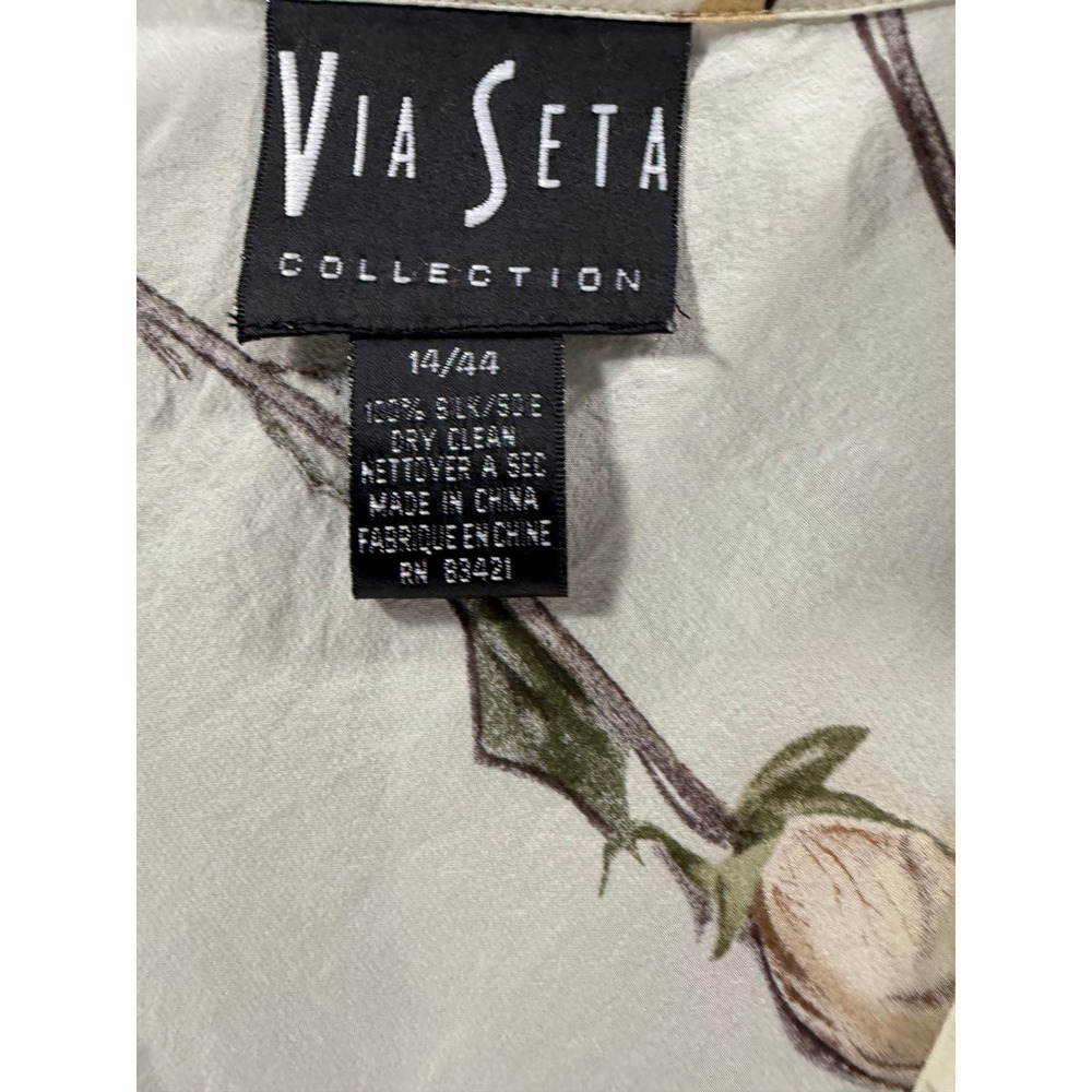 Via Seta Collection Silk 2 Piece Set Cardigan Blouse Sage Green Floral 12 14 - Picture 9 of 12